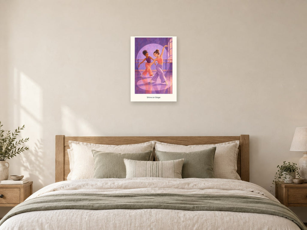 Shine on Stage — Dance Studio Children’s Art Print at A2, as a poster, above a bed