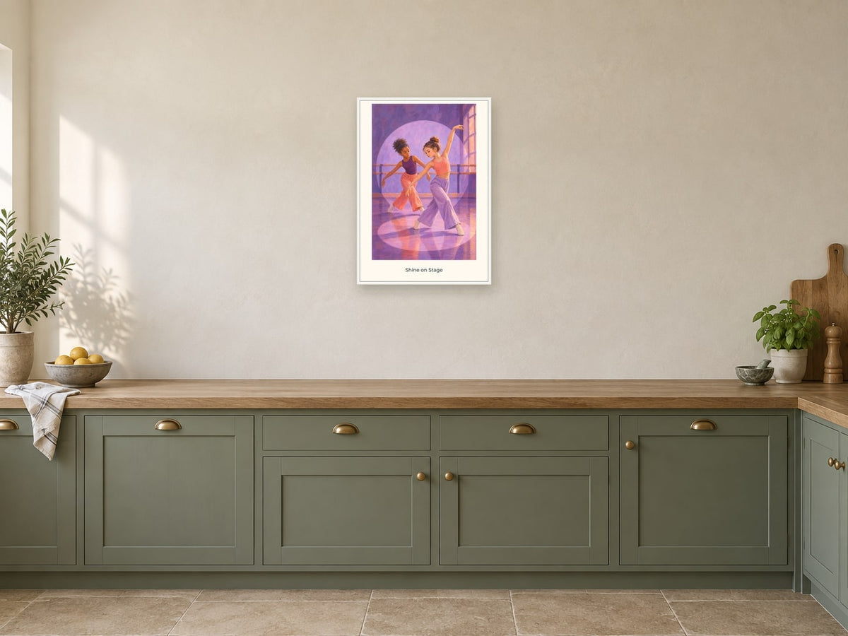 Shine on Stage — Dance Studio Children’s Art Print at A2, in a white frame, in a kitchen