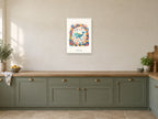 Dream Deep — Coral Kingdom Children’s Art Print at A2, in a white frame, in a kitchen