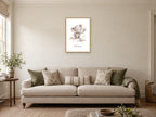 Be Curious — Elephant Little Wonders Nursery Print at A2, in a natural wood frame, in a sitting room