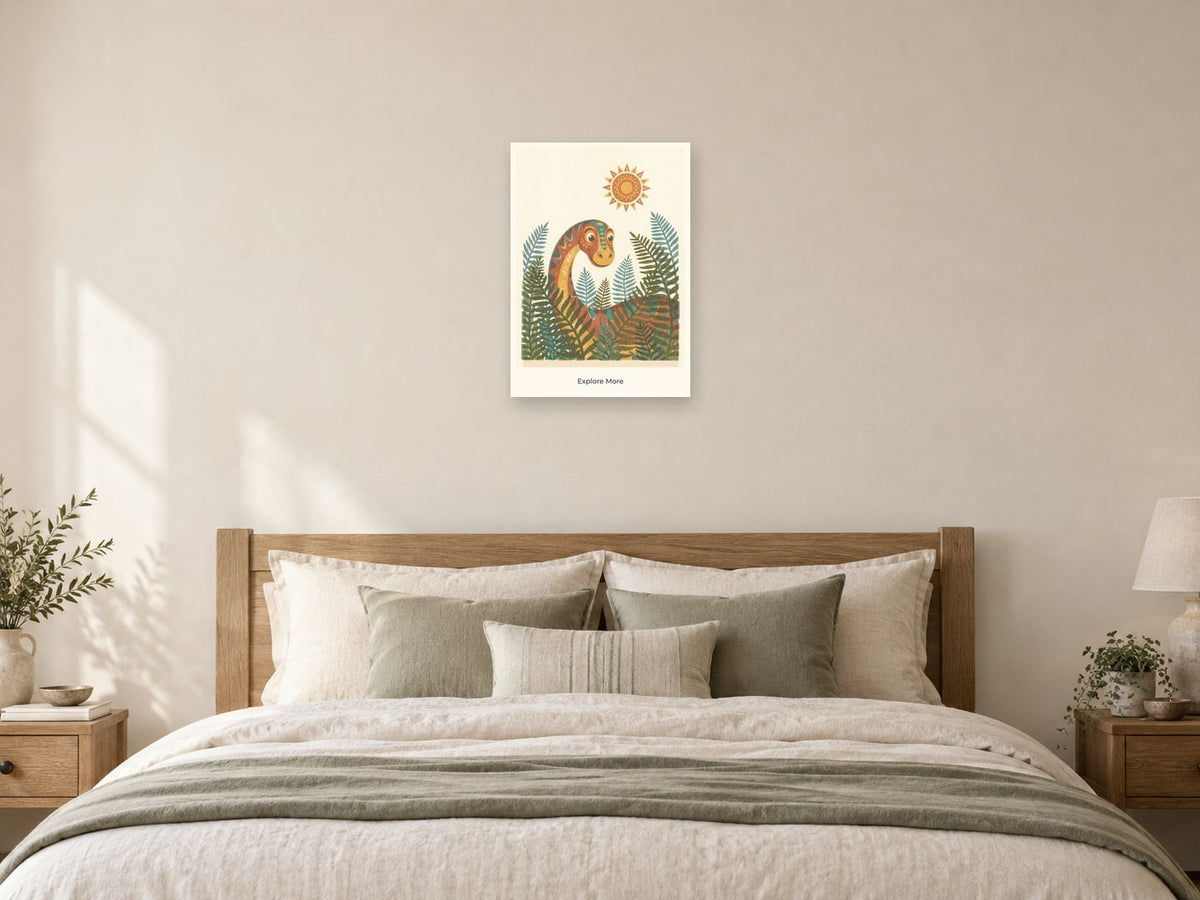 Explore More — Dinosaur Discovery Children’s Art Print at A2, as a poster, above a bed