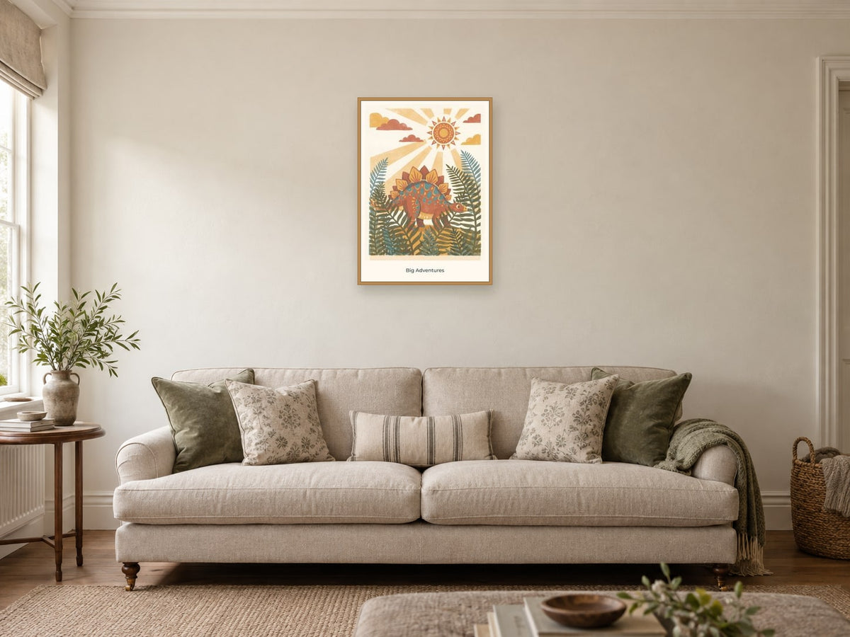 Big Adventures — Dinosaur Discovery Children’s Art Print at A2, in a natural wood frame, in a sitting room