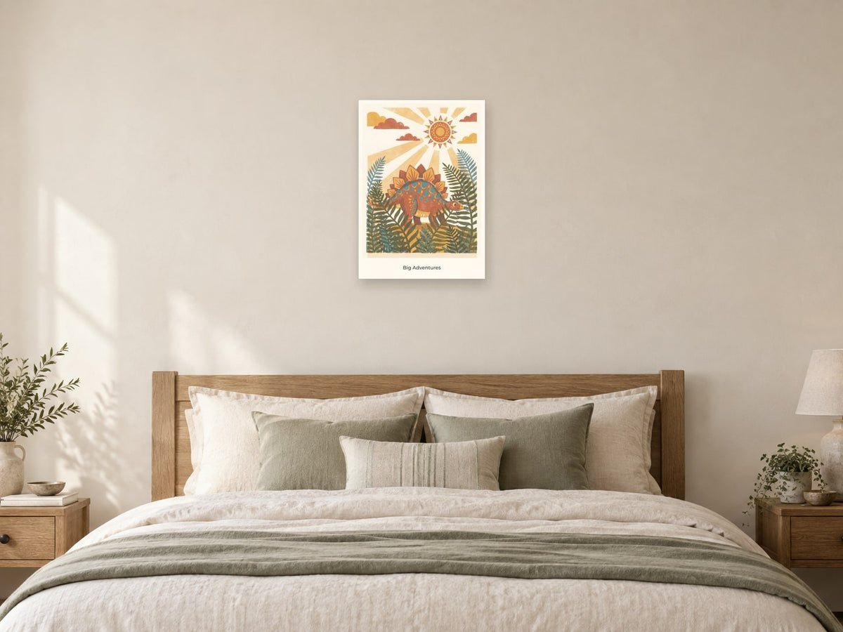 Big Adventures — Dinosaur Discovery Children’s Art Print at A2, as a poster, above a bed