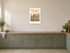 Big Adventures — Dinosaur Discovery Children’s Art Print at A2, in a white frame, in a kitchen