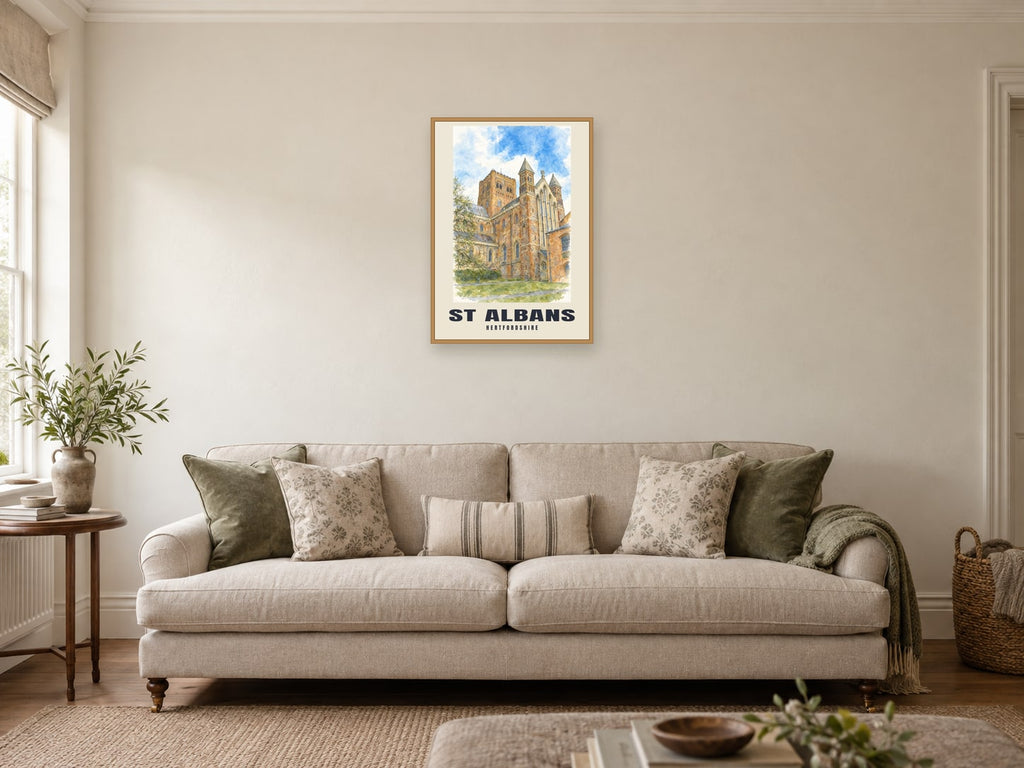 St Albans — English Watercolour Art Print at A2, in a natural wood frame, in a sitting room