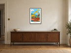 Build Big Dreams — Little Builders Children’s Art Print at A2, in a black frame, above a sideboard