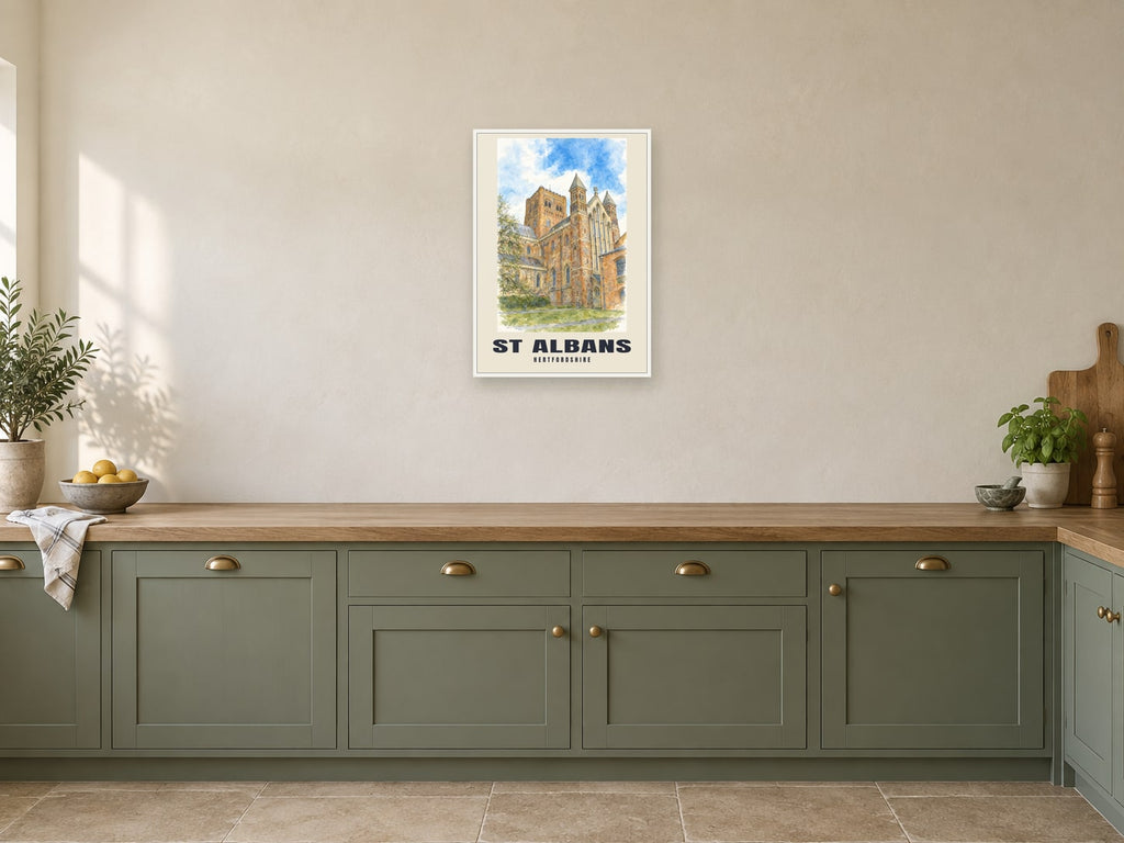 St Albans — English Watercolour Art Print at A2, in a white frame, in a kitchen
