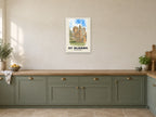St Albans — English Watercolour Art Print at A2, in a white frame, in a kitchen