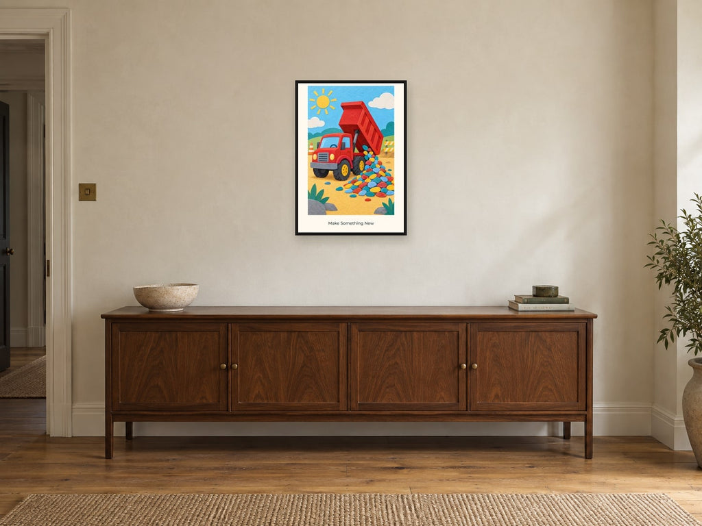 Make Something New — Little Builders Children’s Art Print at A2, in a black frame, above a sideboard