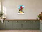 Make Something New — Little Builders Children’s Art Print at A2, in a white frame, in a kitchen