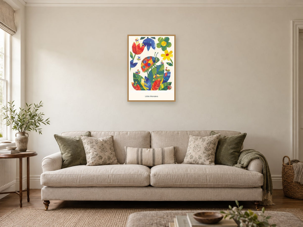Little Wonders — Garden Party Children’s Art Print at A2, in a natural wood frame, in a sitting room