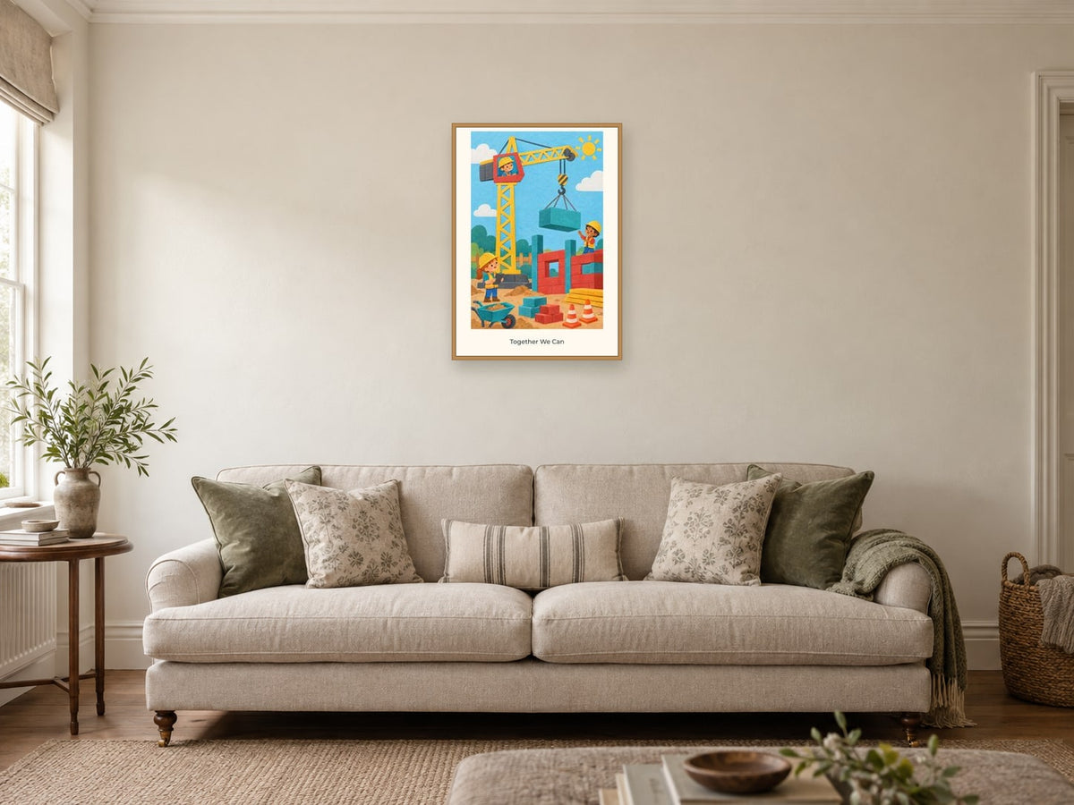 Together We Can — Little Builders Children’s Art Print at A2, in a natural wood frame, in a sitting room
