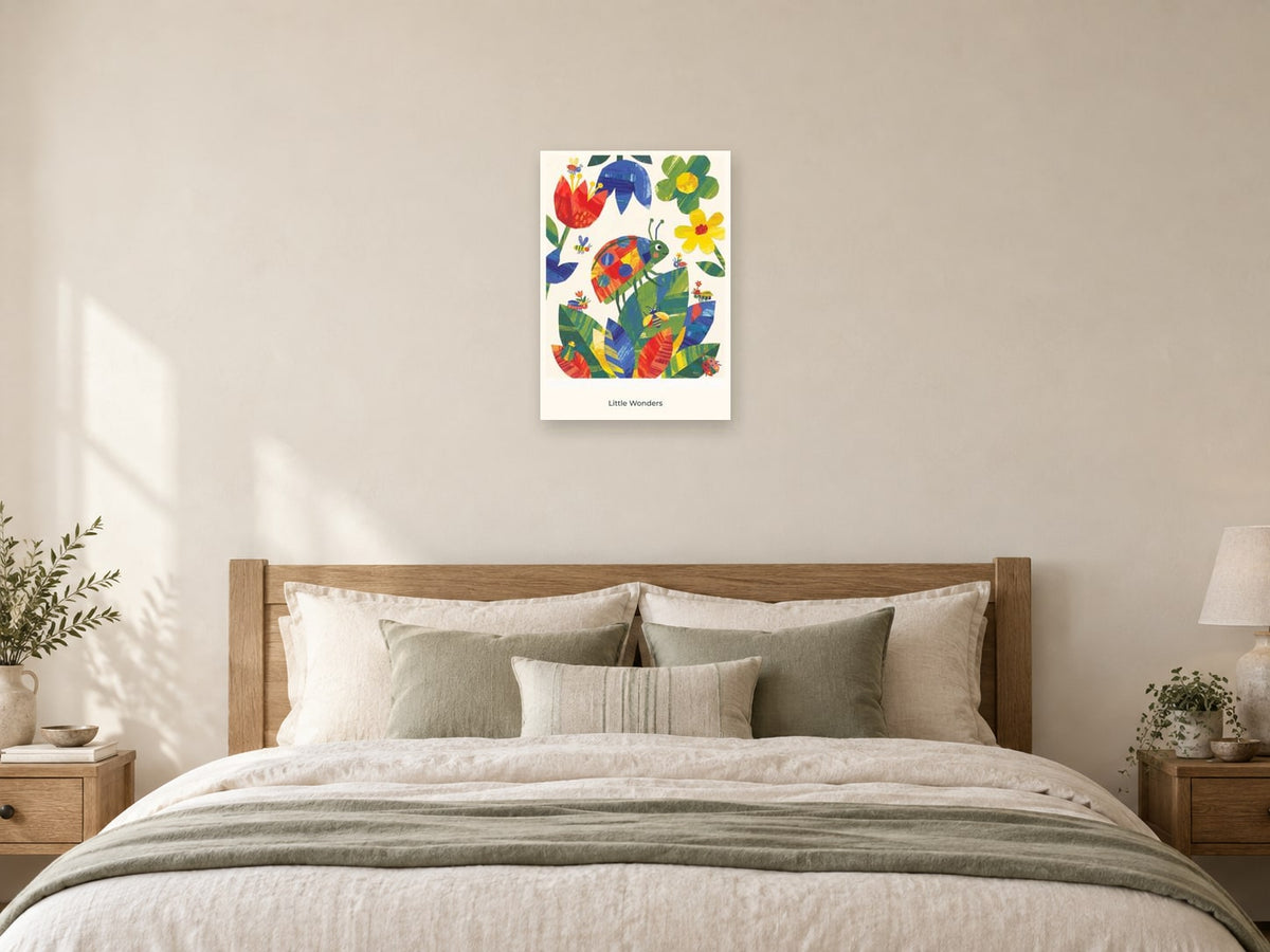 Little Wonders — Garden Party Children’s Art Print at A2, as a poster, above a bed