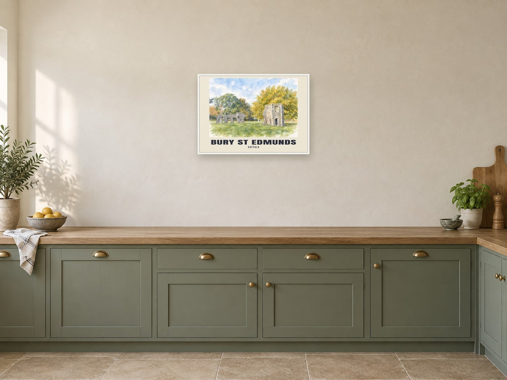 Bury St Edmunds — English Watercolour Art Print at A2, in a white frame, in a kitchen