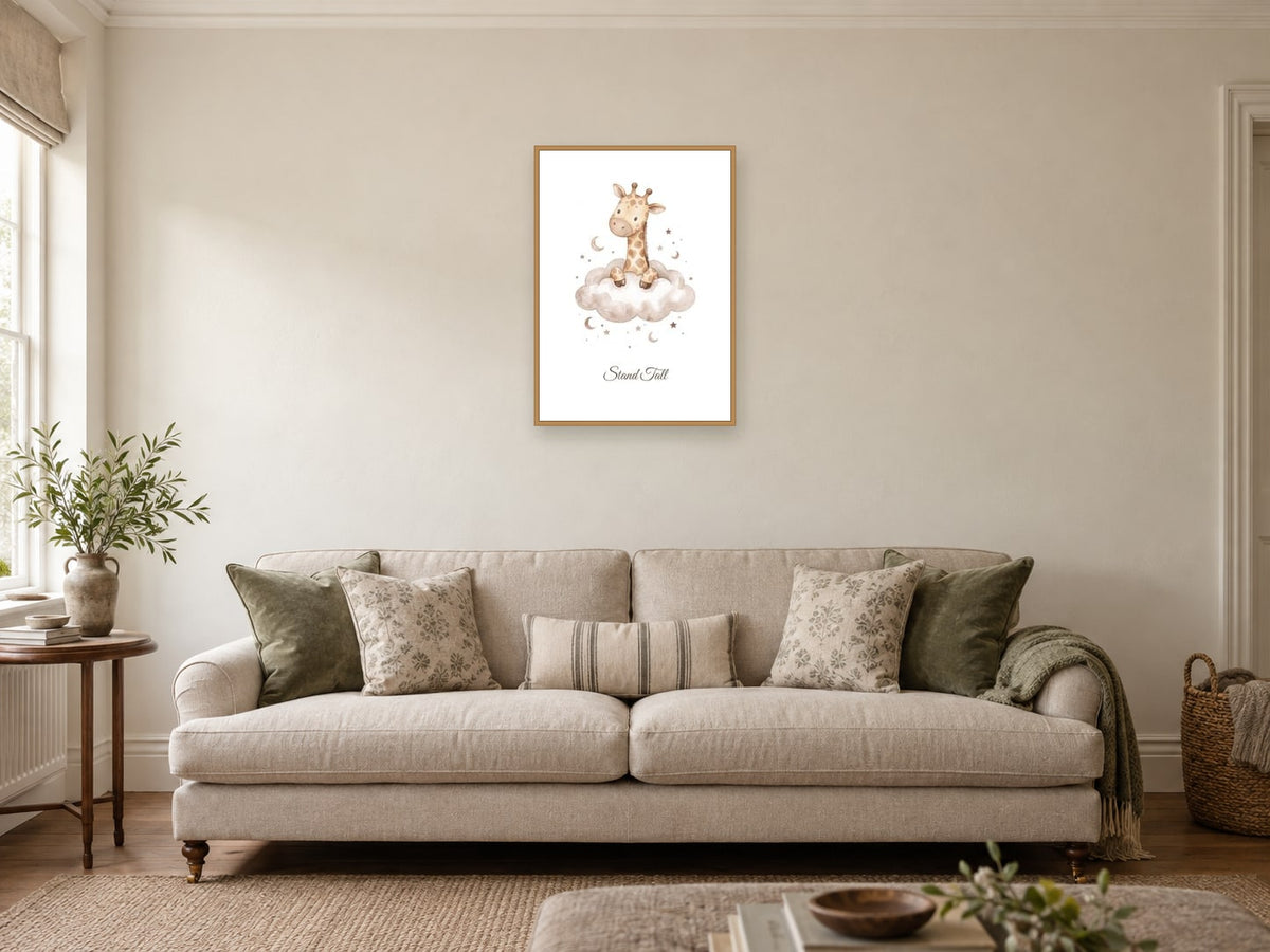 Stand Tall — Giraffe Growing Dreams Nursery Print at A2, in a natural wood frame, in a sitting room