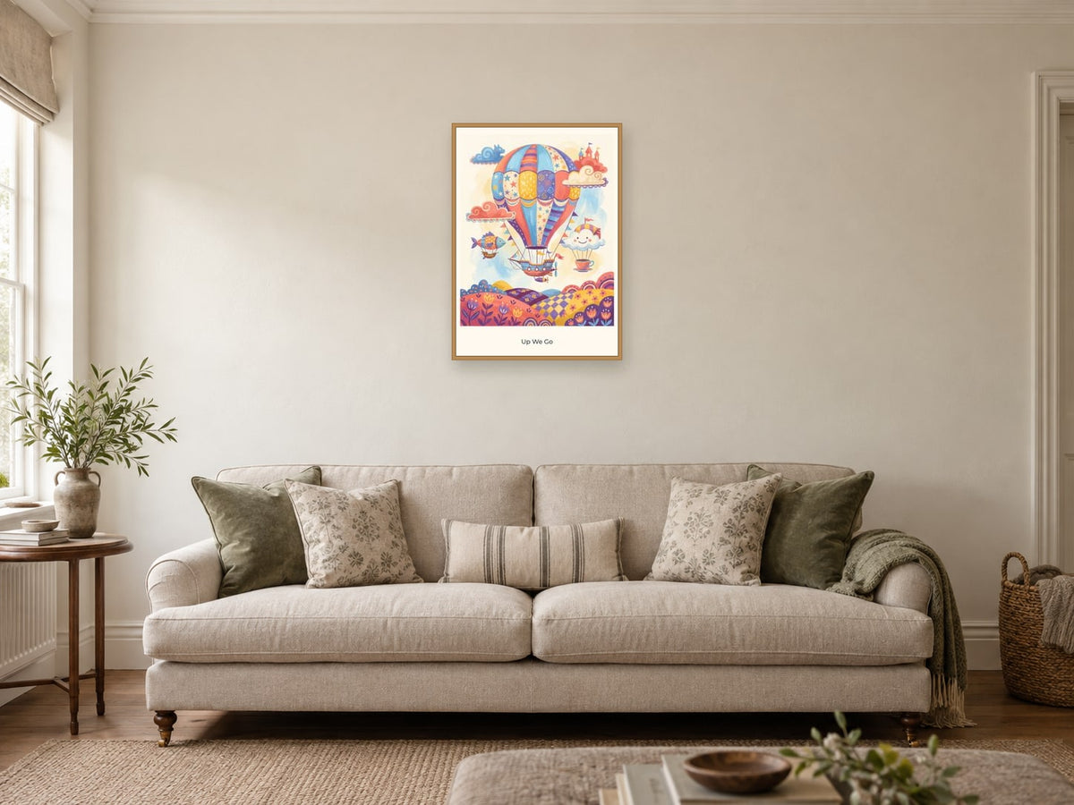 Up We Go — Sky Carnival Children’s Art Print at A2, in a natural wood frame, in a sitting room