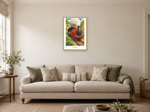 All Aboard — Railway Days Children’s Art Print at A2, in a natural wood frame, in a sitting room