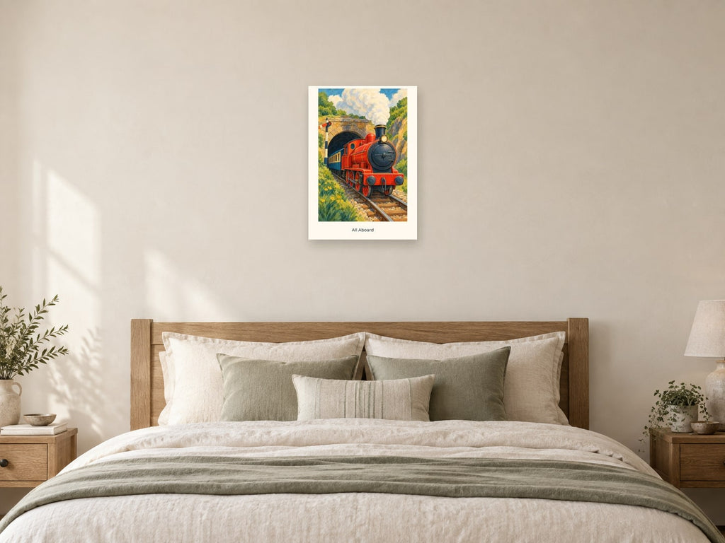 All Aboard — Railway Days Children’s Art Print at A2, as a poster, above a bed