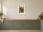 All Aboard — Railway Days Children’s Art Print at A2, in a white frame, in a kitchen