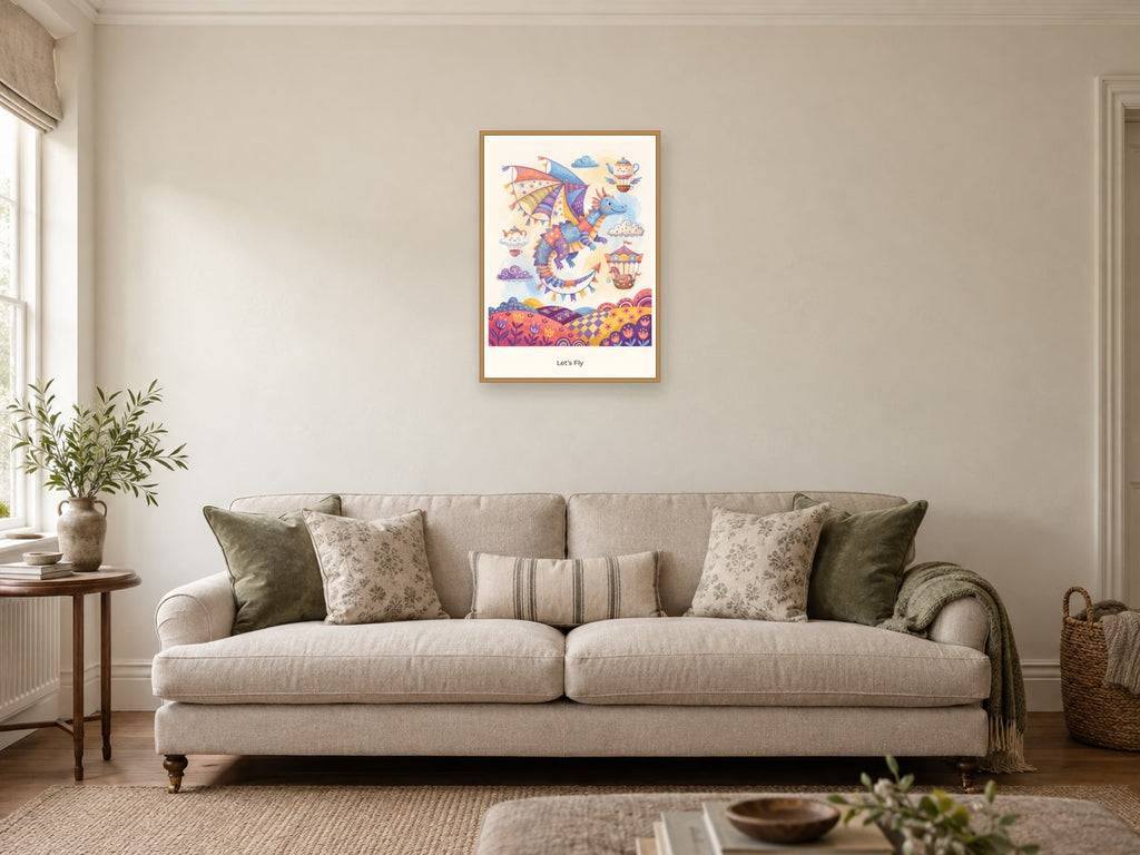 Let’s Fly — Sky Carnival Children’s Art Print at A2, in a natural wood frame, in a sitting room