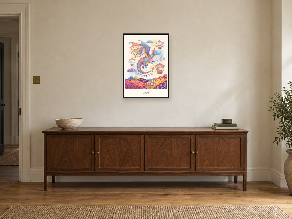 Let’s Fly — Sky Carnival Children’s Art Print at A2, in a black frame, above a sideboard