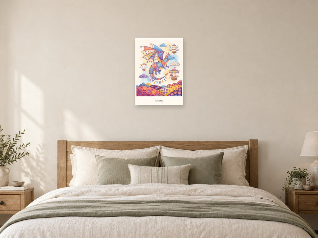 Let’s Fly — Sky Carnival Children’s Art Print at A2, as a poster, above a bed