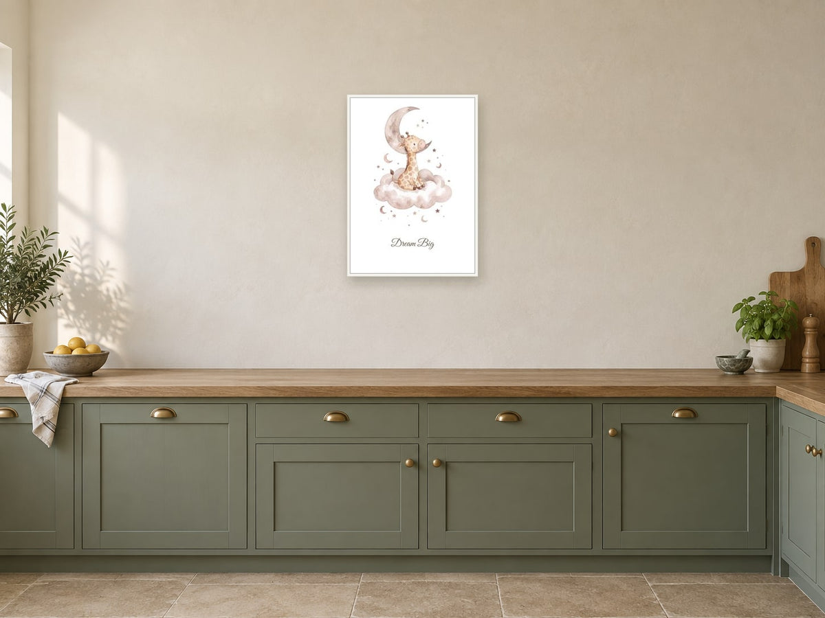 Dream Big — Giraffe Growing Dreams Nursery Print at A2, in a white frame, in a kitchen