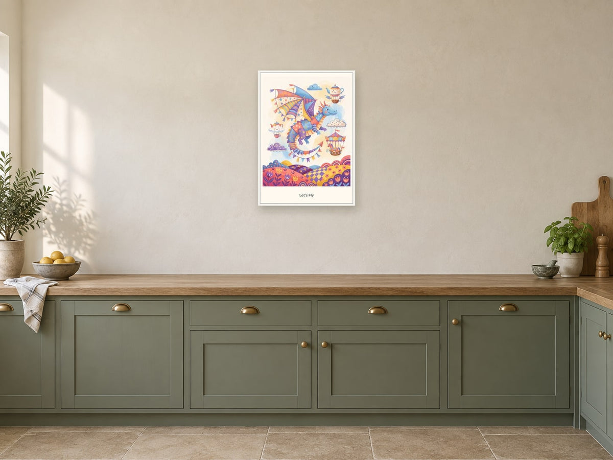 Let’s Fly — Sky Carnival Children’s Art Print at A2, in a white frame, in a kitchen