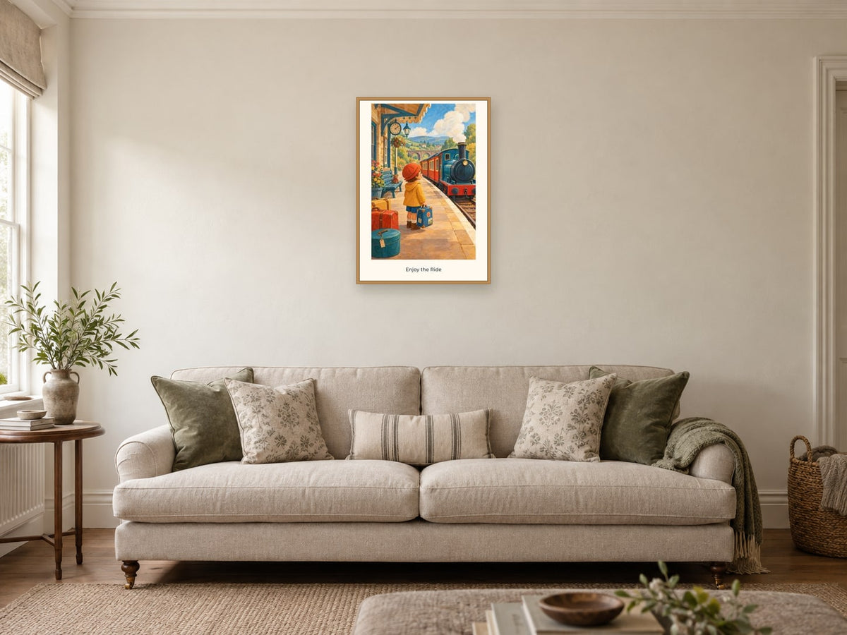 Enjoy the Ride — Railway Days Children’s Art Print at A2, in a natural wood frame, in a sitting room