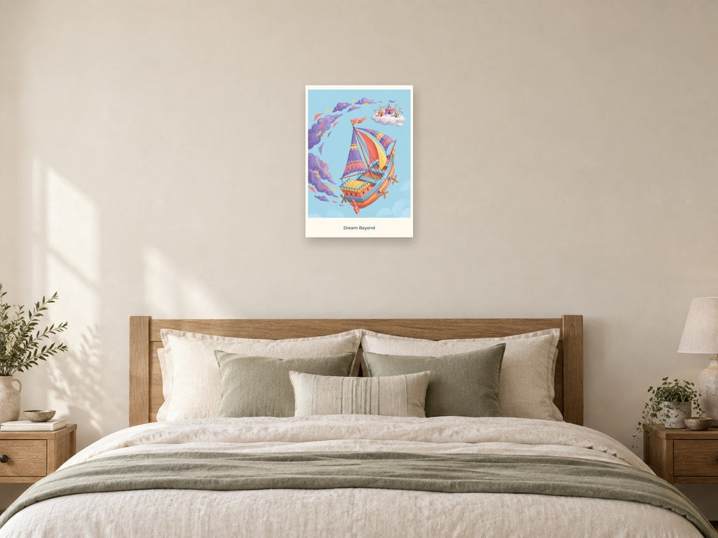 Dream Beyond — Sky Carnival Children’s Art Print at A2, as a poster, above a bed