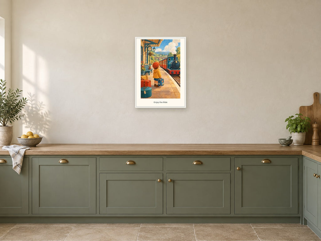 Enjoy the Ride — Railway Days Children’s Art Print at A2, in a white frame, in a kitchen