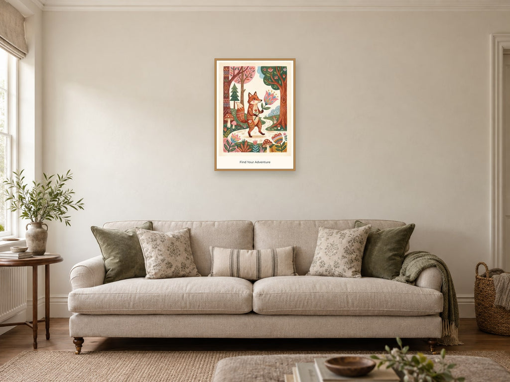 Find Your Adventure — Forest Folk Children’s Art Print at A2, in a natural wood frame, in a sitting room