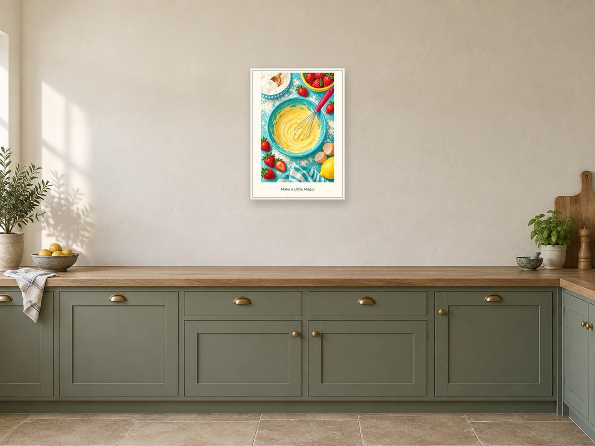 Make a Little Magic — Kitchen Creators Children’s Art Print at A2, in a white frame, in a kitchen