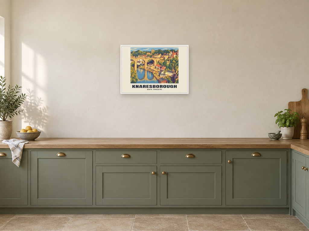 Knaresborough — Retro Railway Art Print at A2, in a white frame, in a kitchen
