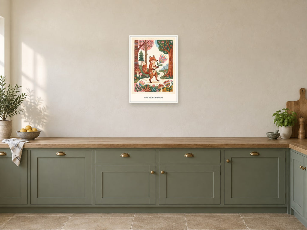 Find Your Adventure — Forest Folk Children’s Art Print at A2, in a white frame, in a kitchen