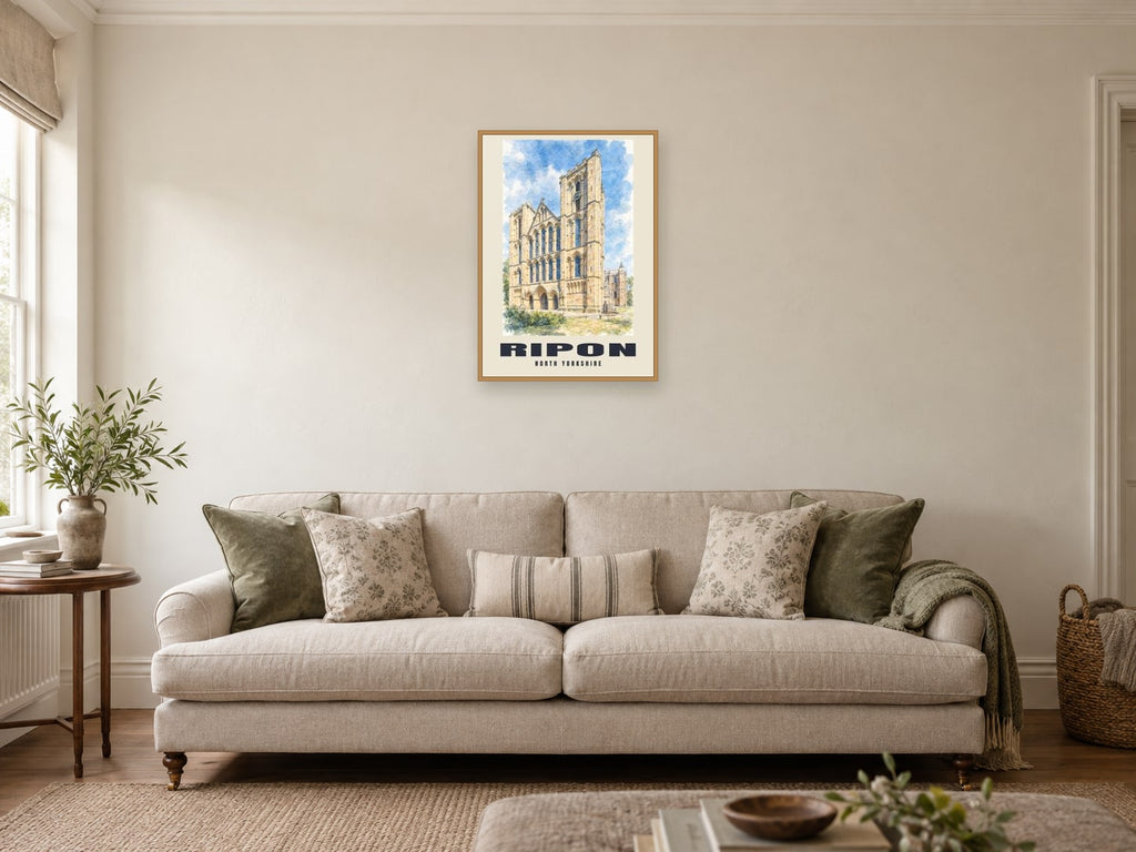 Ripon — English Watercolour Art Print at A2, in a natural wood frame, in a sitting room