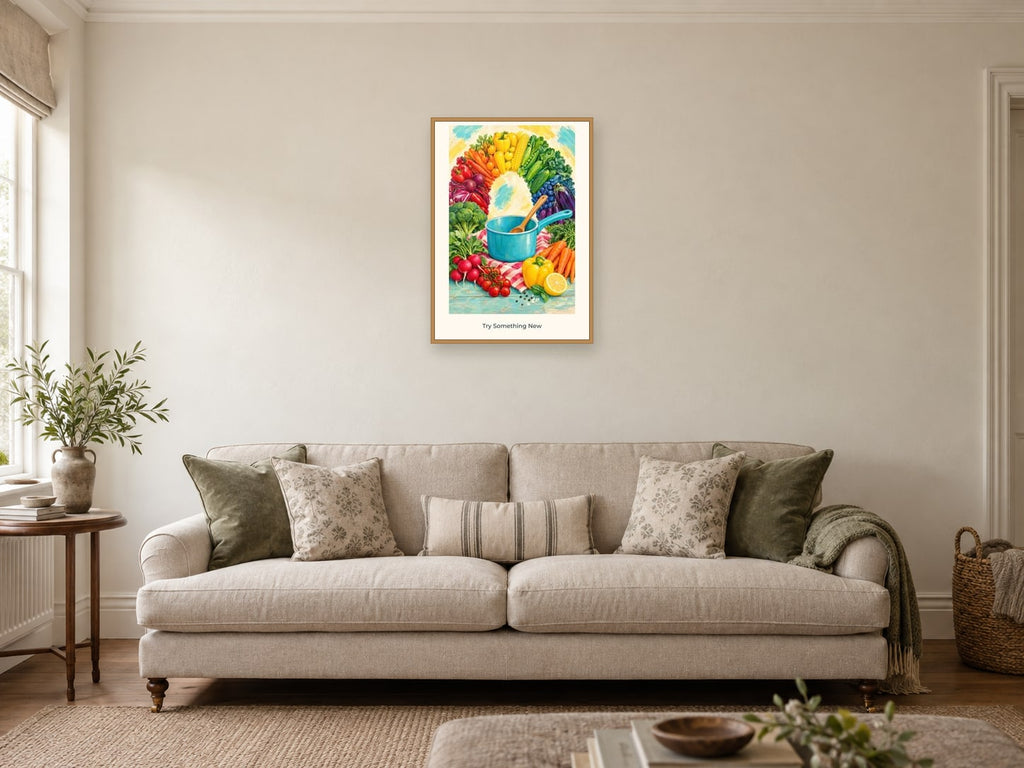 Try Something New — Kitchen Creators Children’s Art Print at A2, in a natural wood frame, in a sitting room