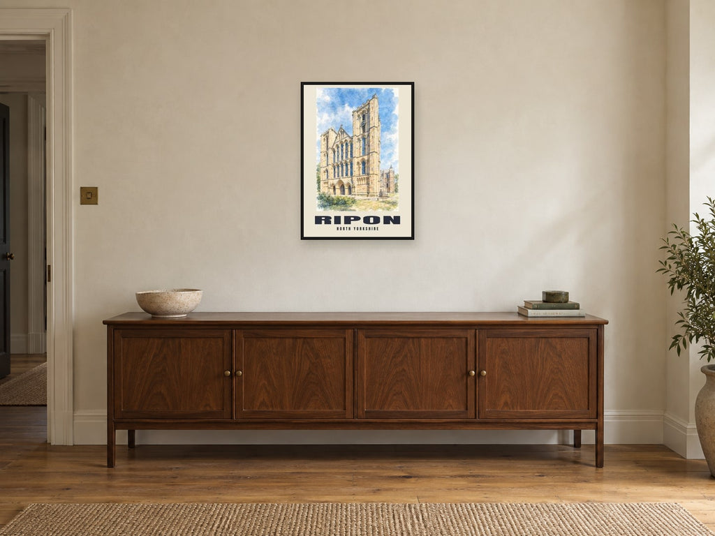 Ripon — English Watercolour Art Print at A2, in a black frame, above a sideboard
