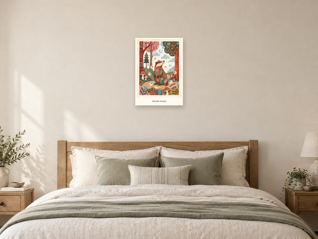 Wonder Awaits — Forest Folk Children’s Art Print at A2, as a poster, above a bed