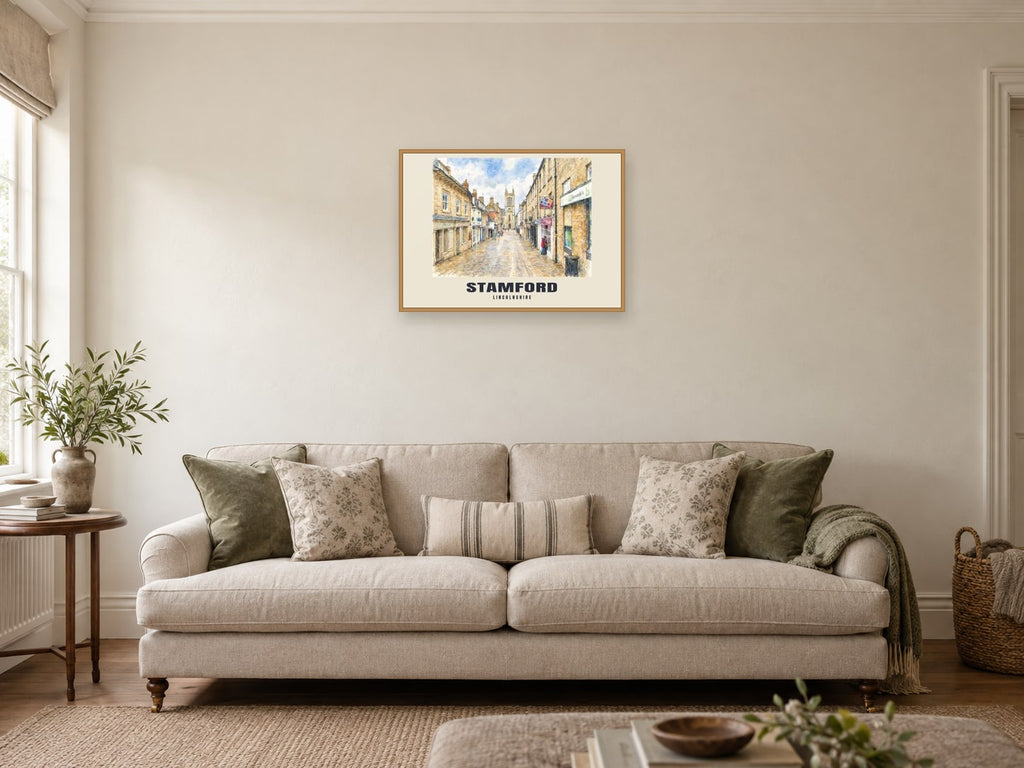 Stamford — English Watercolour Art Print at A2, in a natural wood frame, in a sitting room