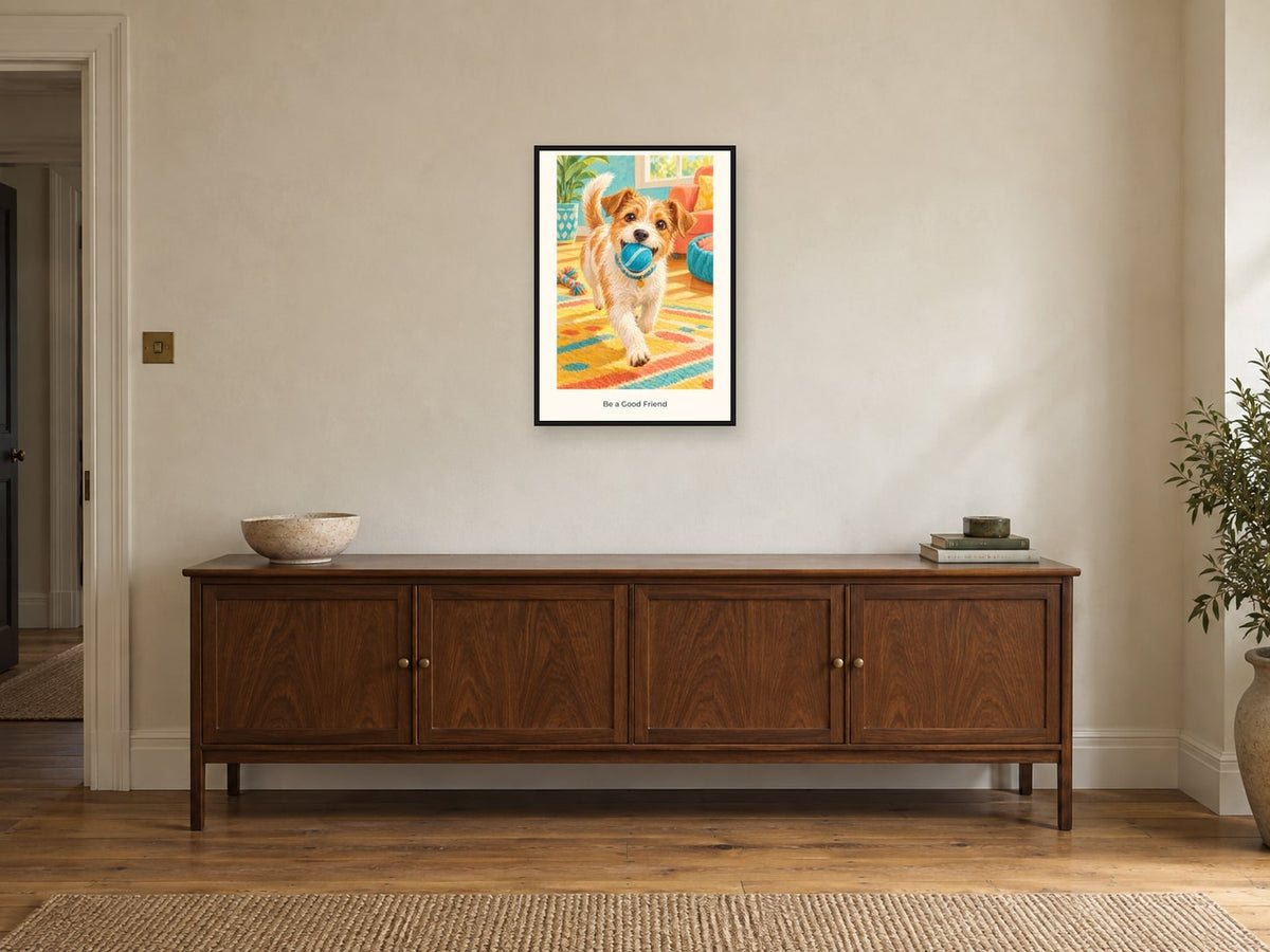 Be a Good Friend — Pet Pals Children’s Art Print at A2, in a black frame, above a sideboard