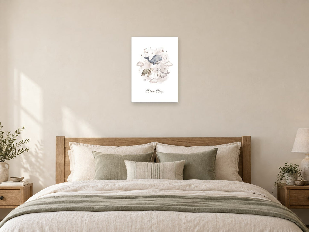 Dream Deep — Ocean Lullabies Nursery Print at A2, as a poster, above a bed