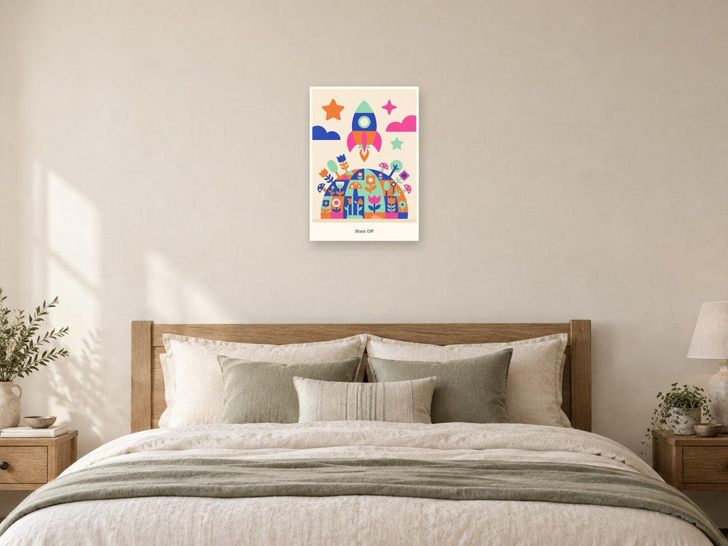 Blast Off — Playful Little Planet Children’s Art Print at A2, as a poster, above a bed