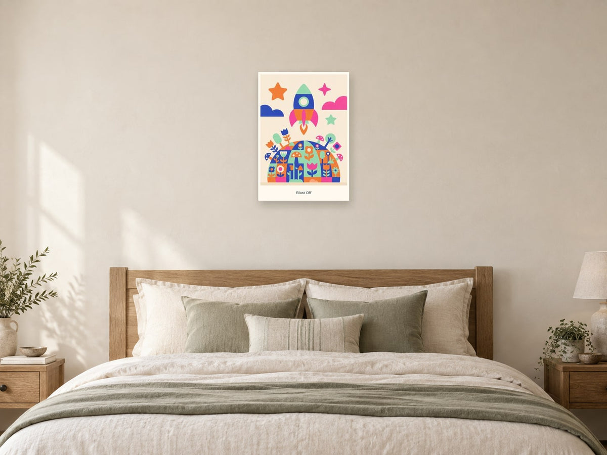 Blast Off — Playful Little Planet Children’s Art Print at A2, as a poster, above a bed