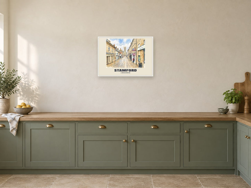Stamford — English Watercolour Art Print at A2, in a white frame, in a kitchen