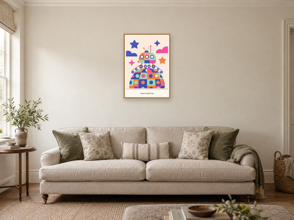 Keep Exploring — Playful Little Planet Children’s Art Print at A2, in a natural wood frame, in a sitting room