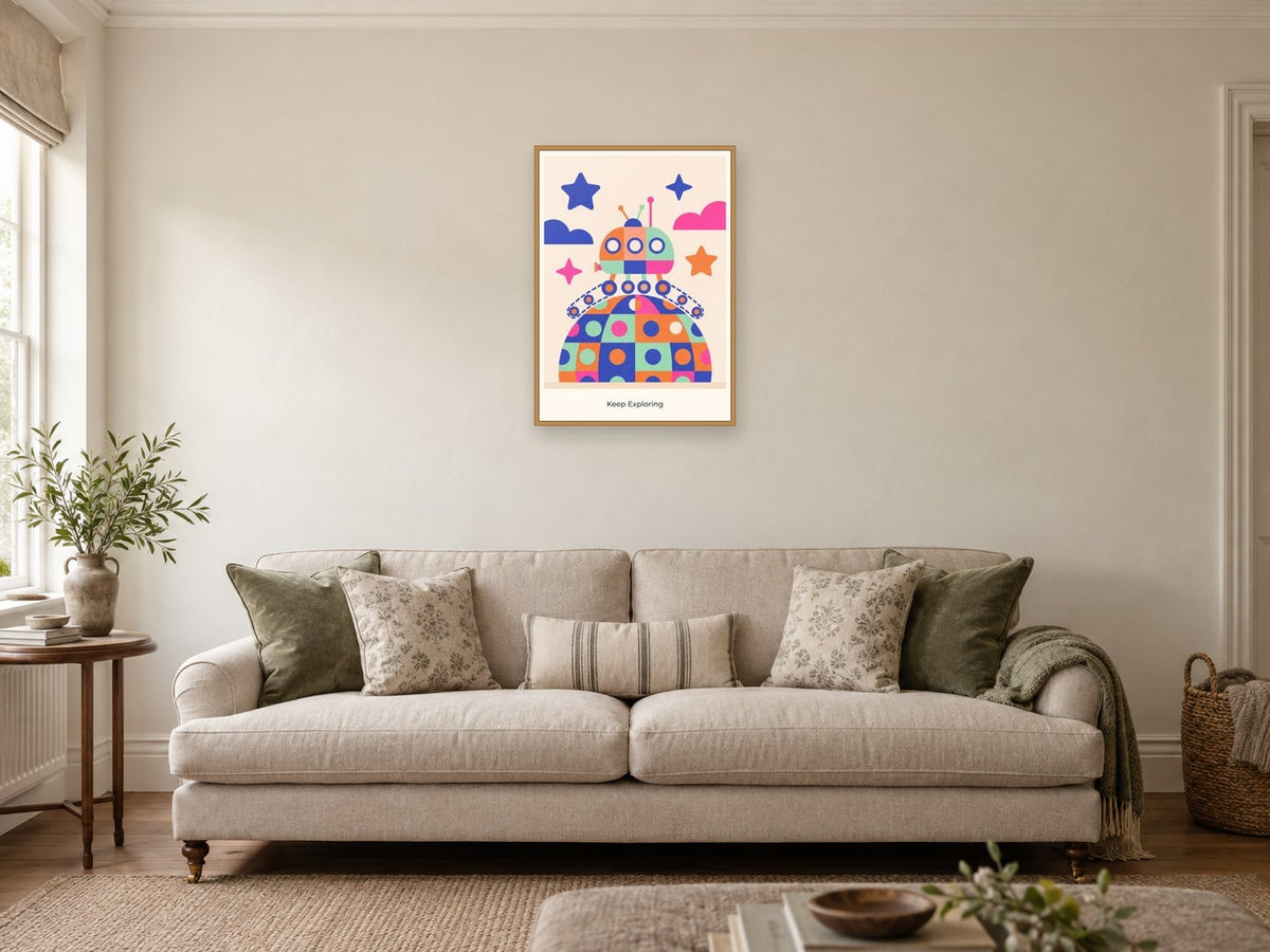 Keep Exploring — Playful Little Planet Children’s Art Print at A2, in a natural wood frame, in a sitting room