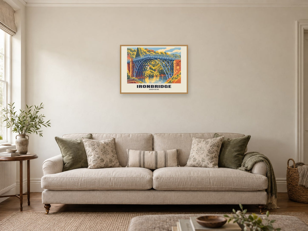 Ironbridge — Retro Railway Art Print at A2, in a natural wood frame, in a sitting room
