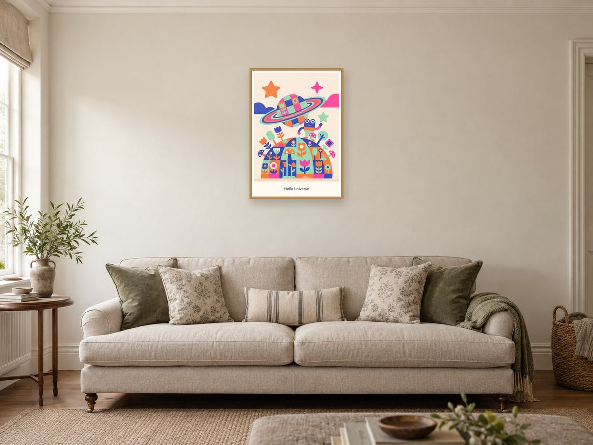 Hello Universe — Playful Little Planet Children’s Art Print at A2, in a natural wood frame, in a sitting room