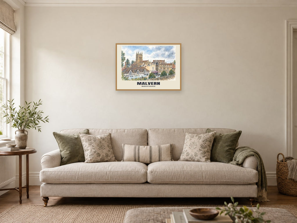 Malvern — English Watercolour Art Print at A2, in a natural wood frame, in a sitting room